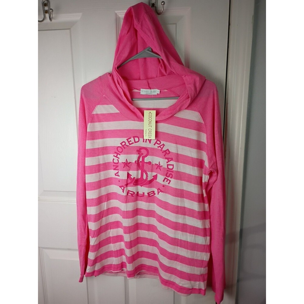 Coconut Creek Woman XXL Aruba Hooded LS Tee Pink White Striped Anchor Vacay